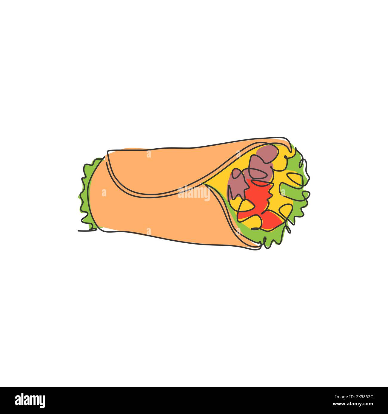 Eine einzelne Zeile Zeichnung der frischen heißen scharfen online mexikanischen Burritos Shop Logo Vektor Illustration. Mexico Street Fast Food-Menü und Restaurantausweis Co Stock Vektor