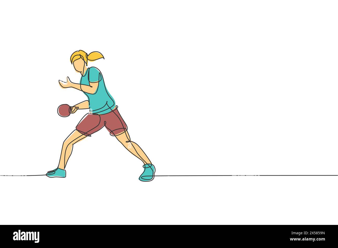 Einzelne Linienzeichnung einer jungen, wendigen Tischtennisspielerin dient dem Ball. Sportübungskonzept. Trendige einzeilige Zeichnung Design Vektor Ill Stock Vektor