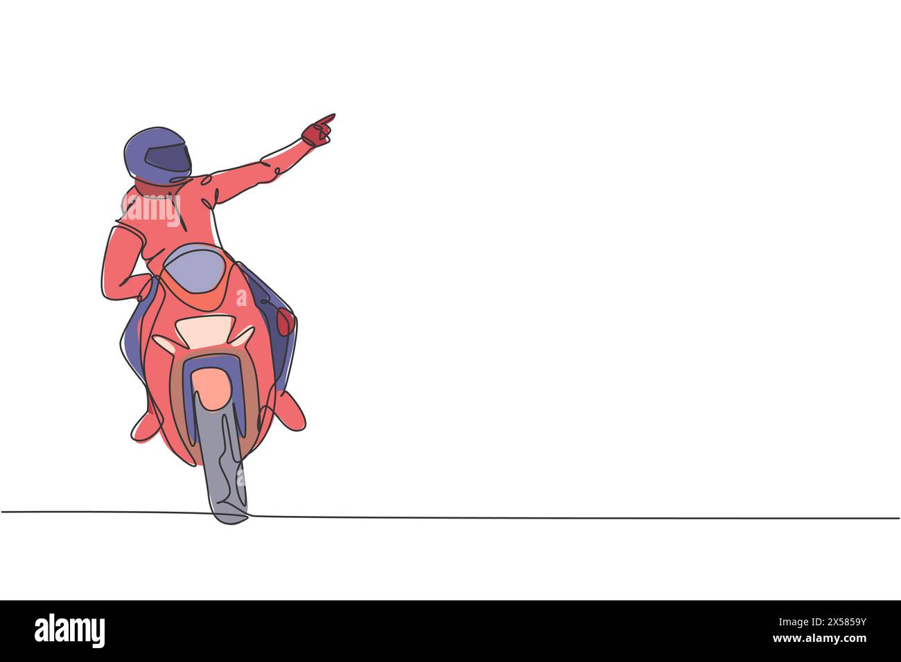 Einzelne durchgehende Linienzeichnung eines jungen Superbike-Rennfahrers, der mit dem Finger auf die Zuschauer zeigt. Moto-Turnierkonzept. Trendige einzeilige Zeichnung Design Vektor Stock Vektor