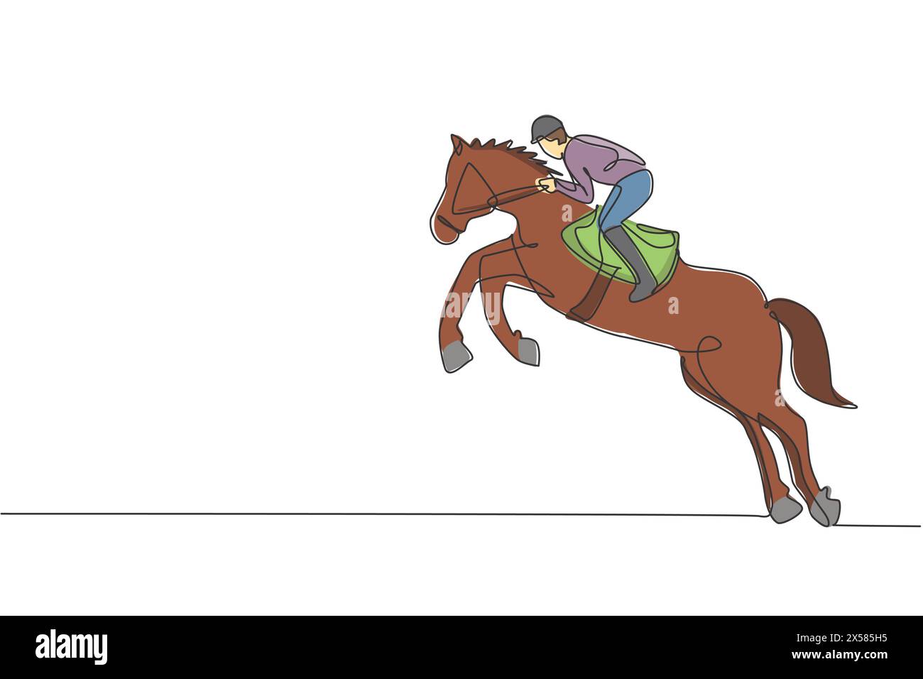 Eine durchgehende Linienzeichnung eines jungen Pferdereiters in Aktion. Trainiere Pferde, um auf der Rennstrecke zu springen. Reitsport-Wettkampfkonzept. Dynamisches Si Stock Vektor