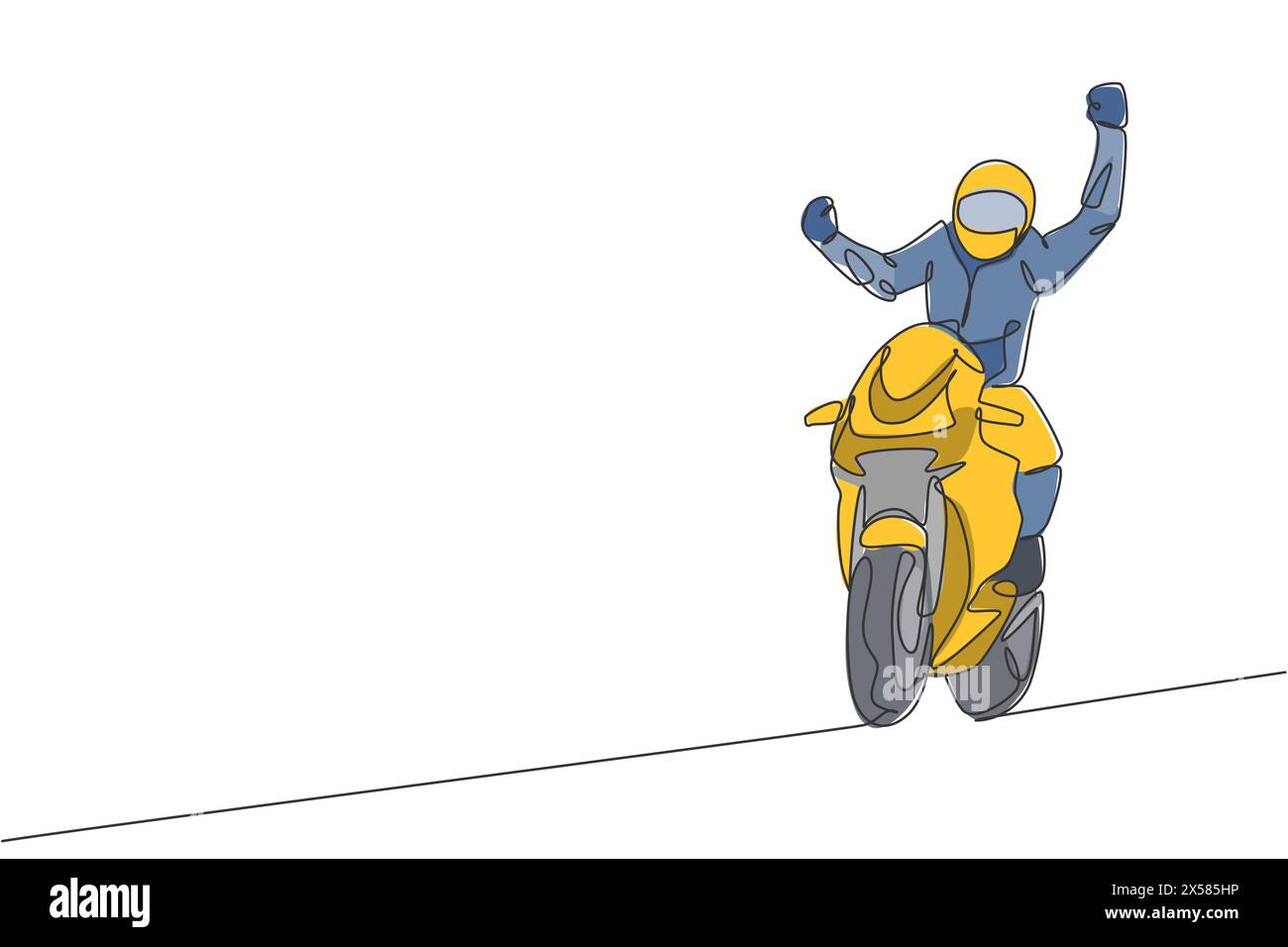 Eine einzelne Zeichnung des jungen Motorradfahrers feiert den Sieg mit dem Heben seiner Hände Vektor-Illustration. Superbike-Rennkonzept. Modern durchgehend Stock Vektor