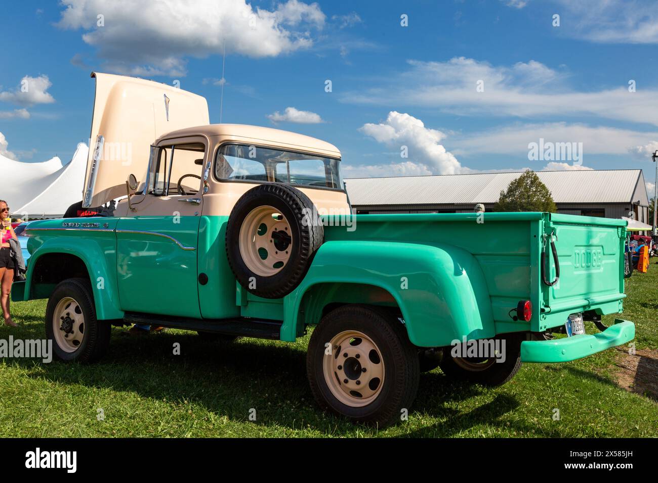 Auf den Allen County Fairgrounds in Fort Wayne, Indiana, USA, wird ein grün-weißer, antiker Dodge Power Wagon Pick-up Truck ausgestellt. Stockfoto