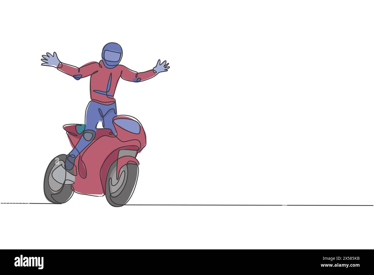 Eine einzelne Zeichnung eines jungen Motorradfahrers öffnet seine Hände, um seine gewinnende Vektor-Illustration zu feiern. Superbike-Rennkonzept. Moderner Continuou Stock Vektor