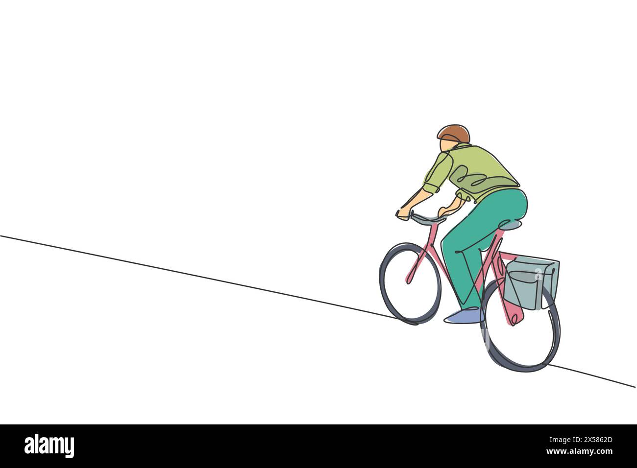 Eine durchgehende Linienzeichnung eines jungen professionellen Managers, der mit dem Fahrrad zu seinem Büro fährt. Gesundes urbanes Lebensgefühl. Dynamische Sünde Stock Vektor