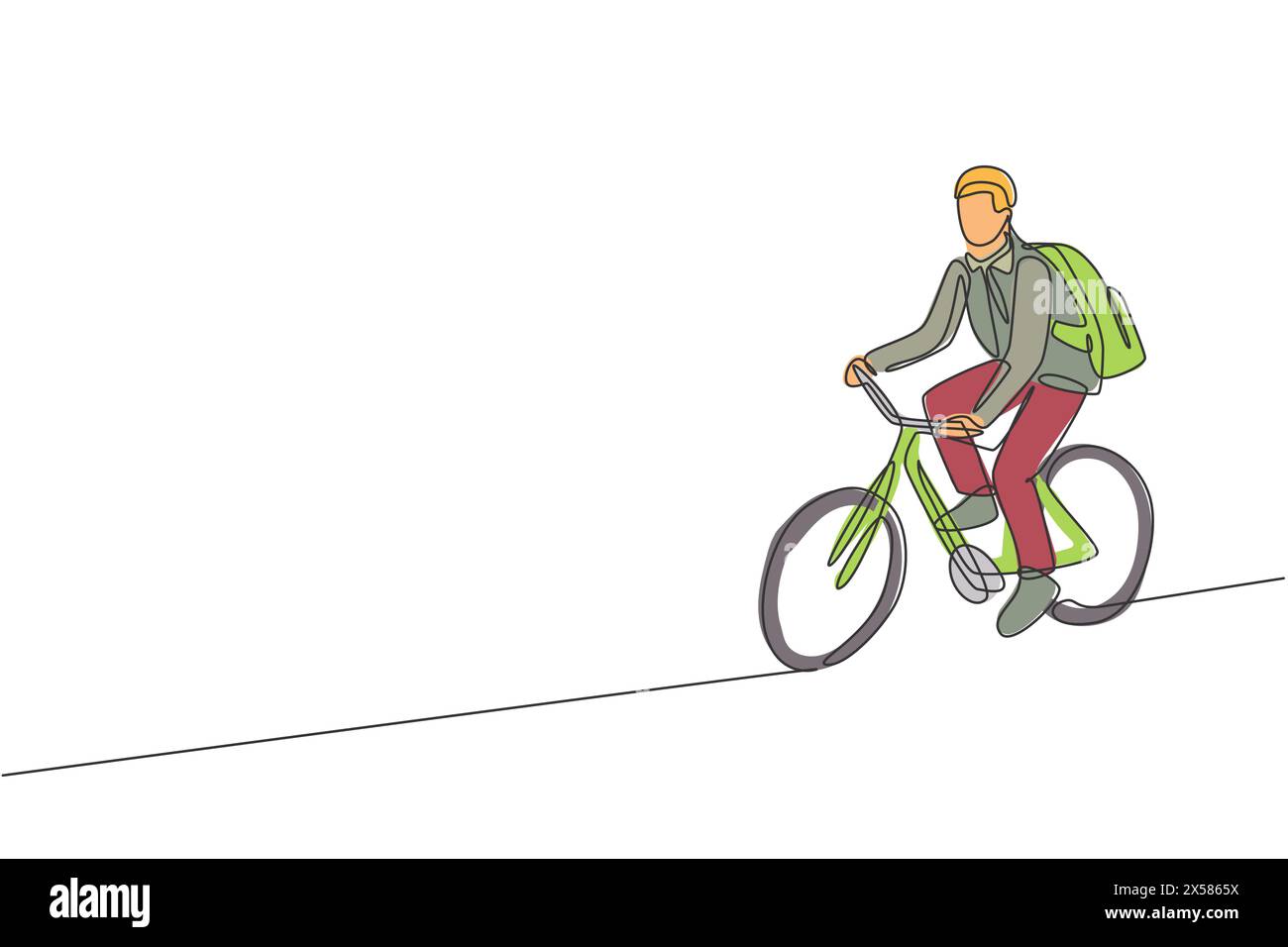 Eine durchgehende Linienzeichnung eines jungen professionellen Managers, der mit dem Fahrrad zu seinem Büro fährt. Gesundes urbanes Lebensgefühl. Dynamische Sünde Stock Vektor