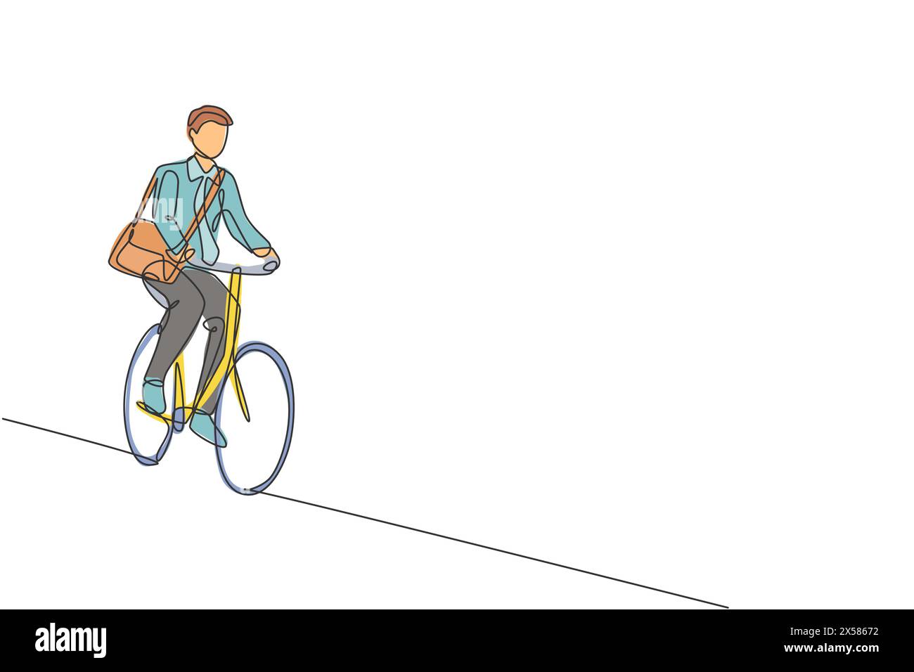 Eine durchgehende Linienzeichnung eines jungen professionellen Managers, der mit dem Fahrrad zu seinem Büro fährt. Gesundes urbanes Lebensgefühl. Dynamische Sünde Stock Vektor