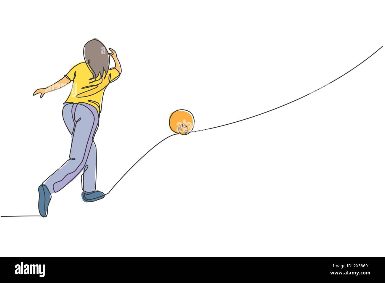 Eine einzelne Linie zeichnet junge talentierte Bowlingspielerin Frau werfen Ball, um Bowlingnadeln zu schlagen grafische Vektor-Illustration. Gesunde Menschen Lebensstil und s Stock Vektor