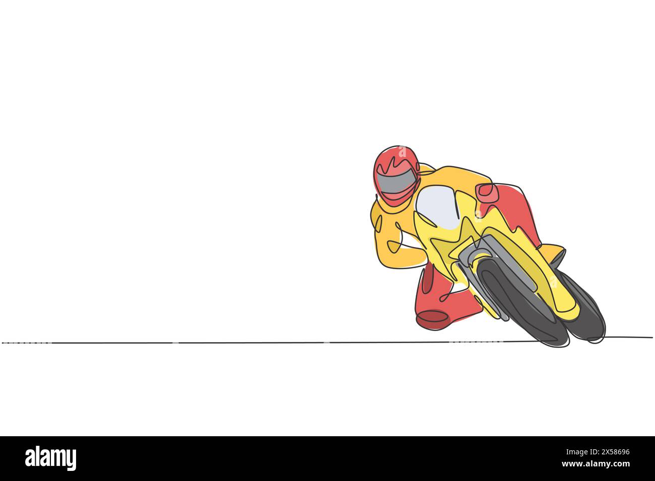 Einzelne durchgehende Linienzeichnung eines jungen Superbike-Rennfahrers, der sich an der Rennstrecke beugt. MotoGP-Turnierkonzept. Trendiges einzeiliges Design mit Zugmuster Stock Vektor
