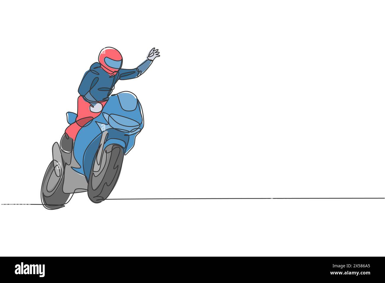 Eine durchgehende Linienzeichnung eines jungen Moto-Rennfahrers schwenkt seine Hand zu den Zuschauern. Grafik-Vektor-Illustration des Superbike-Rennkonzepts. Dynamisches Single-lin Stock Vektor