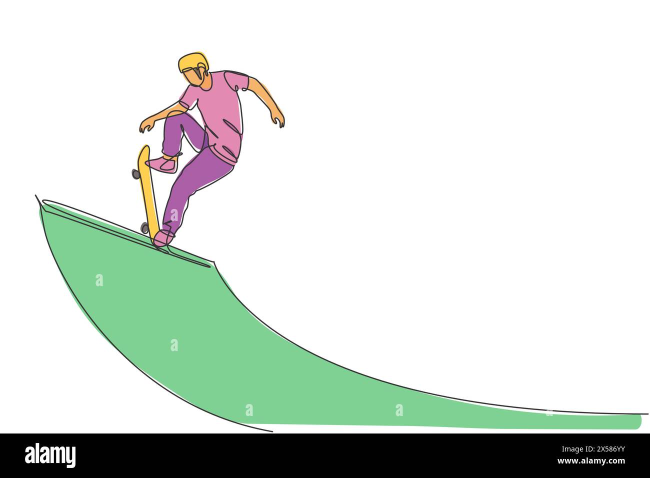 Eine einzelne Linie Zeichnung des jungen Skateboarder Mann Übung Skateboard an Rampenbrett Vektor Illustration. Teenager Lifestyle und extremer spo im Freien Stock Vektor