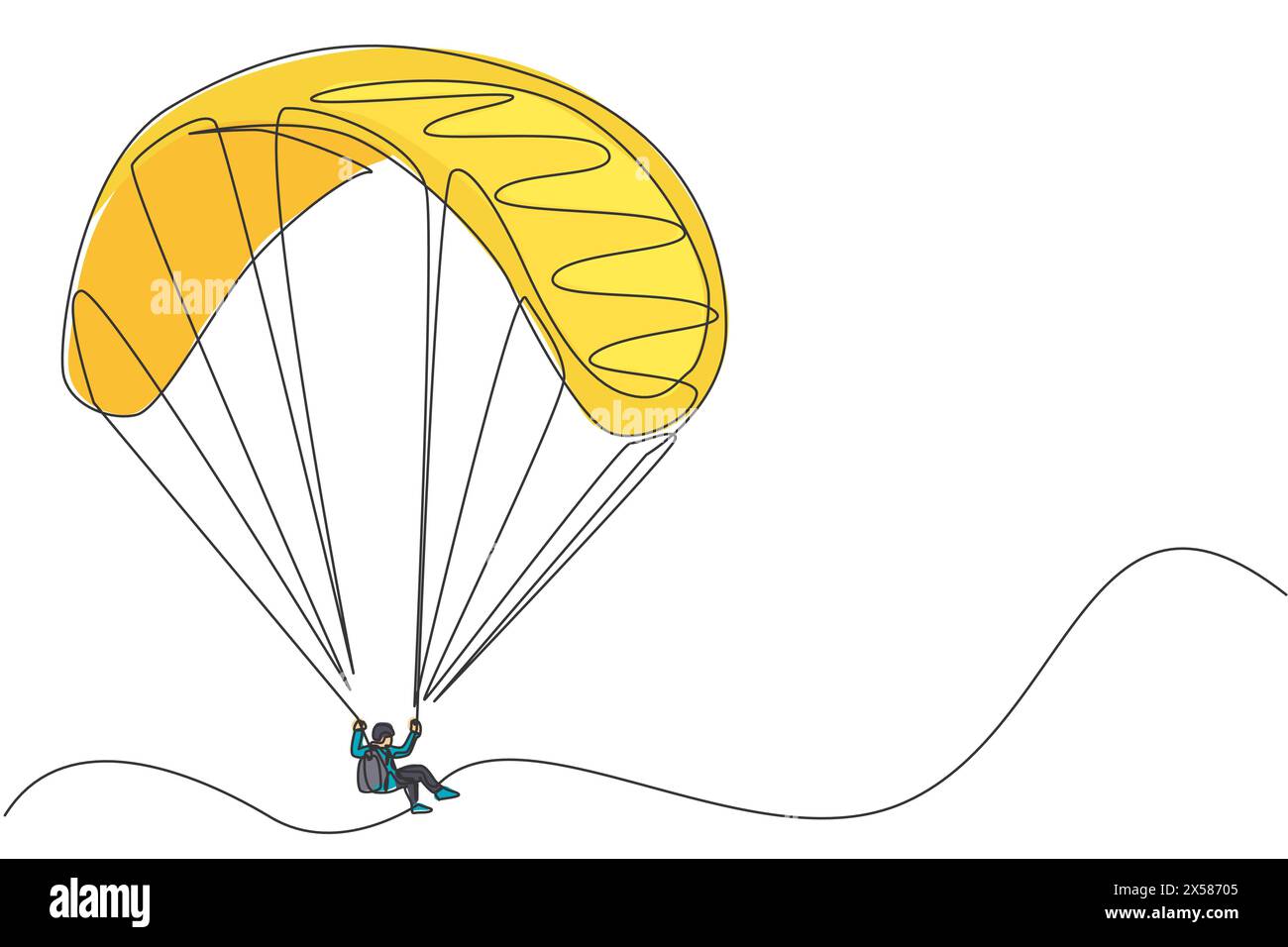 Eine einzelne Linienzeichnung des jungen sportlichen Mannes, der mit Paragliding-Fallschirm auf der Himmelsvektor-Illustration-Grafik fliegt. Extreme Sport-Konzept. Moderne Co Stock Vektor