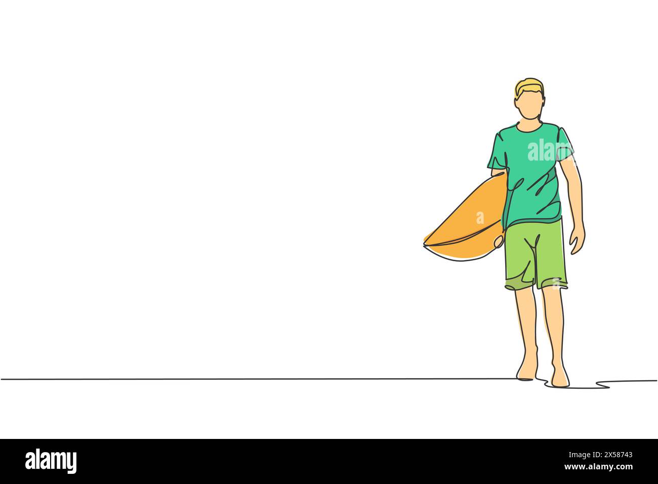 Einzelne durchgehende Linienzeichnung junger professioneller Surfer, die am Sandstrand spazieren gehen und Surfbrett tragen. Extreme Wassersport-Konzept. Sommerurlaub Stock Vektor