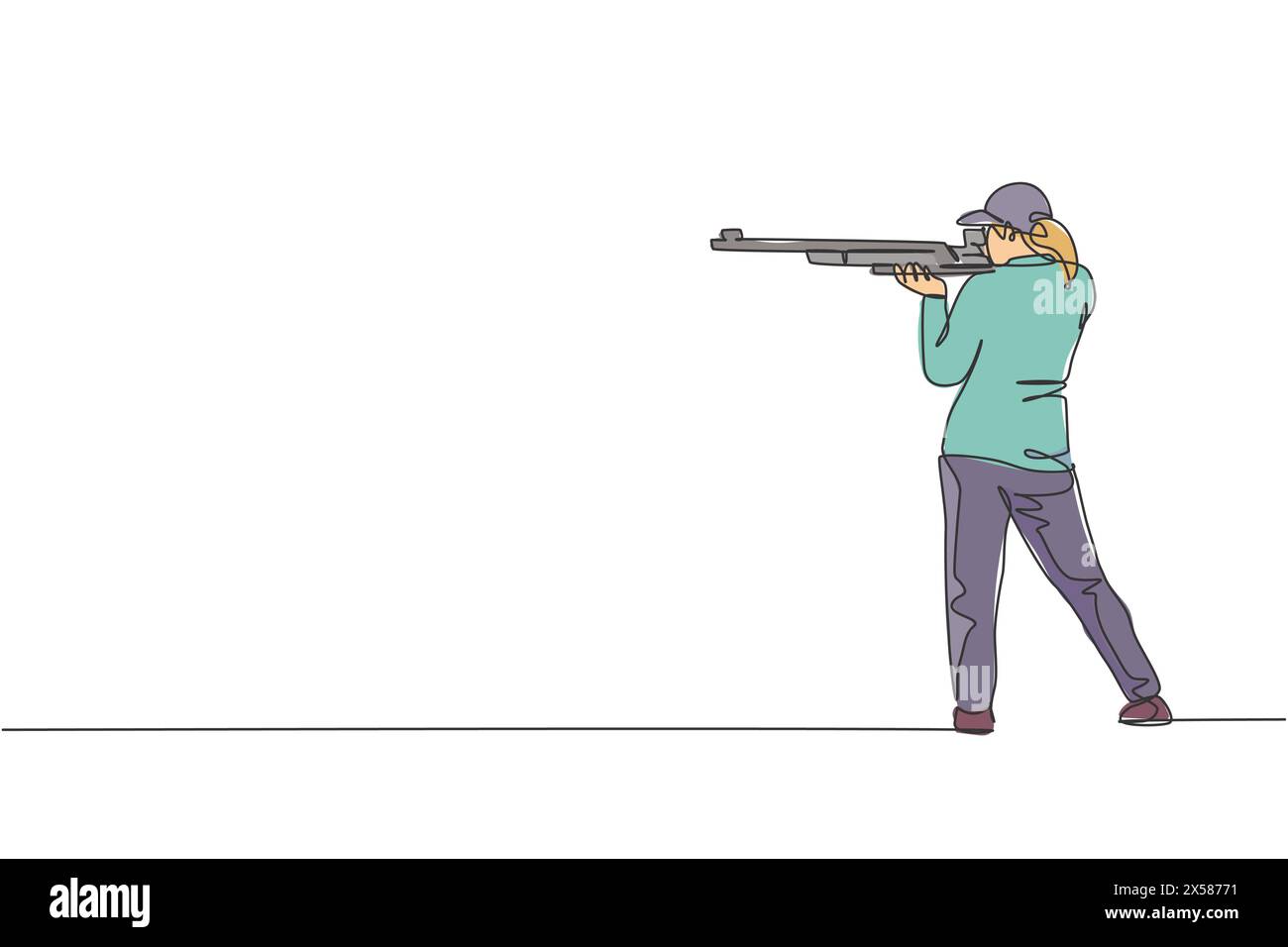 Eine einzelne Linie zeichnet junge Frau, die übt, Ziel in Reichweite auf Schießübungsplatz zu schießen Vektor-Grafik-Illustration. Tontaubenschießen Stock Vektor