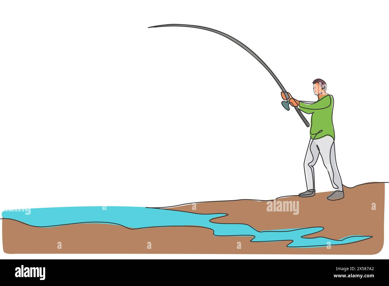 Eine durchgehende Linienzeichnung junger glücklicher Fischer, die am Flussufer stehen und einen Fisch fischen. Angeln Freizeit Hobby Urlaub Konzept. Dynamische Sünde Stock Vektor
