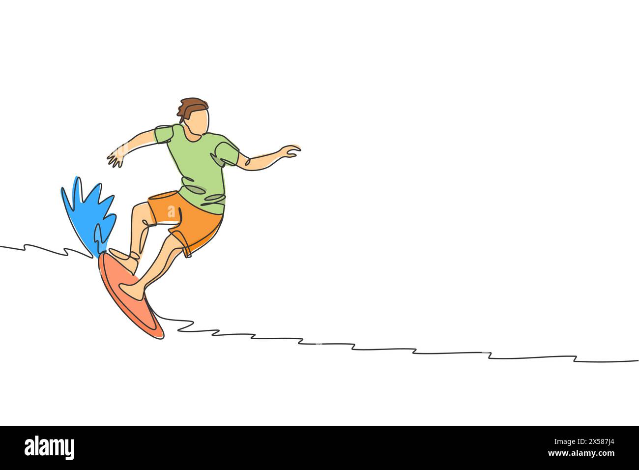 Eine einzelne Linie Zeichnung des jungen sportlichen Surfermannes, der auf großen Wellen in surfender Strand Paradies Vektor-Illustration Grafik reitet. Extremwassersport Konz Stock Vektor