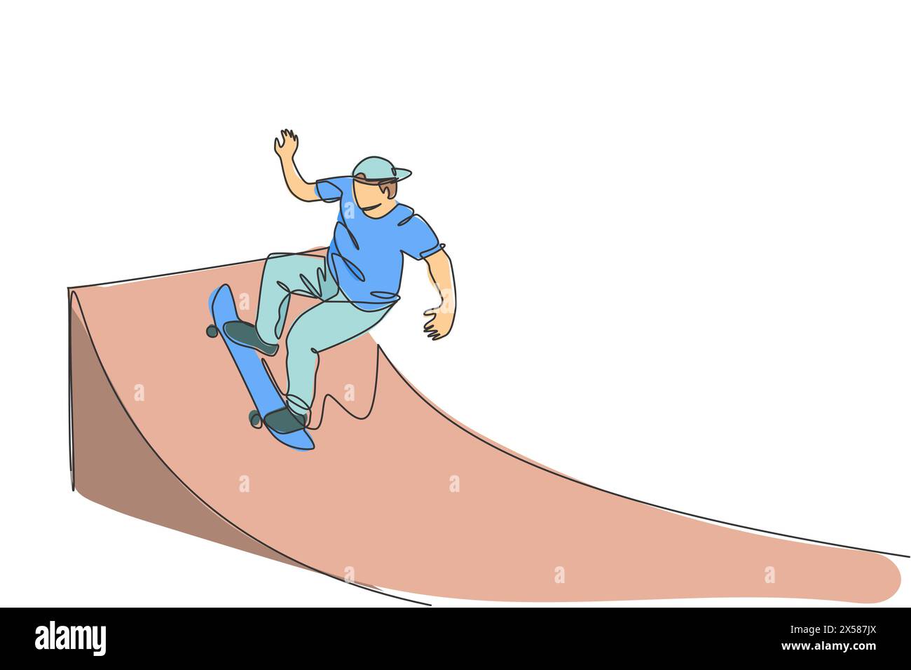 Eine einzelne Linie Zeichnung des jungen Skateboarder Mann Übung Skateboard an Rampenbrett Vektor Illustration. Teenager Lifestyle und extremer spo im Freien Stock Vektor