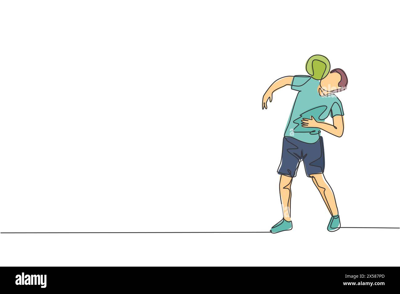Eine einzelne durchgehende Linie zeichnet junger sportlicher Mann trainiert Fußball-Freistil, hält den Ball mit der Schulter auf dem Feld. Fußball-Freestyler-Konzept. Trend Stock Vektor
