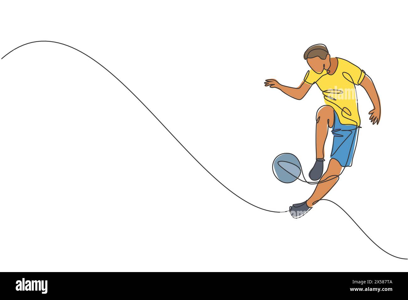 Einzelne durchgehende Linienzeichnung eines jungen sportlichen Mannes trainiert Fußball-Freestyle, springt mit der Ferse auf dem Spielfeld jongliert. Fußball-Freestyler-Konzept. Trendig Stock Vektor