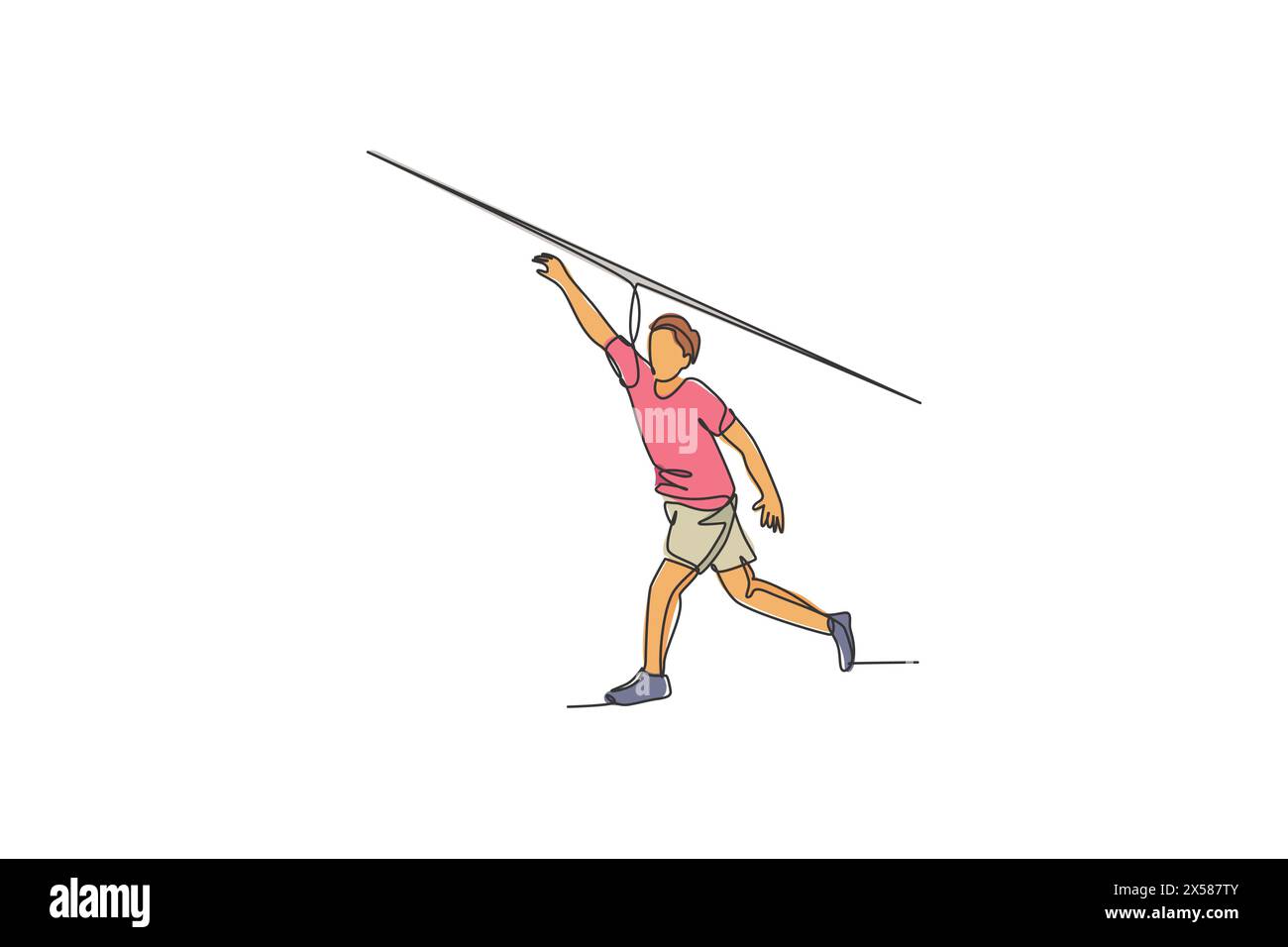 Eine einzelne Zeilenzeichnung des jungen energischen Mannes, der lange Werfen Speer mit Kraft-Vektor-Grafik-Illustration. Gesunder Lebensstil sportlicher Sport Stock Vektor