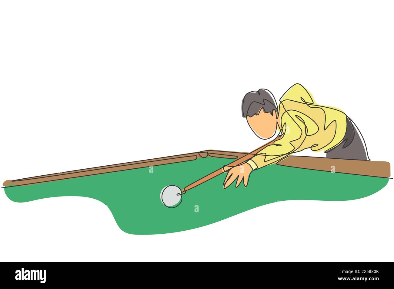 Eine einzelne Zeilenzeichnung des jungen gutaussehenden Mannes, der BillardBillard an Billardraum-Vektor-Illustration-Grafik spielt. Indoor-Sport Freizeitspiel Conc Stock Vektor