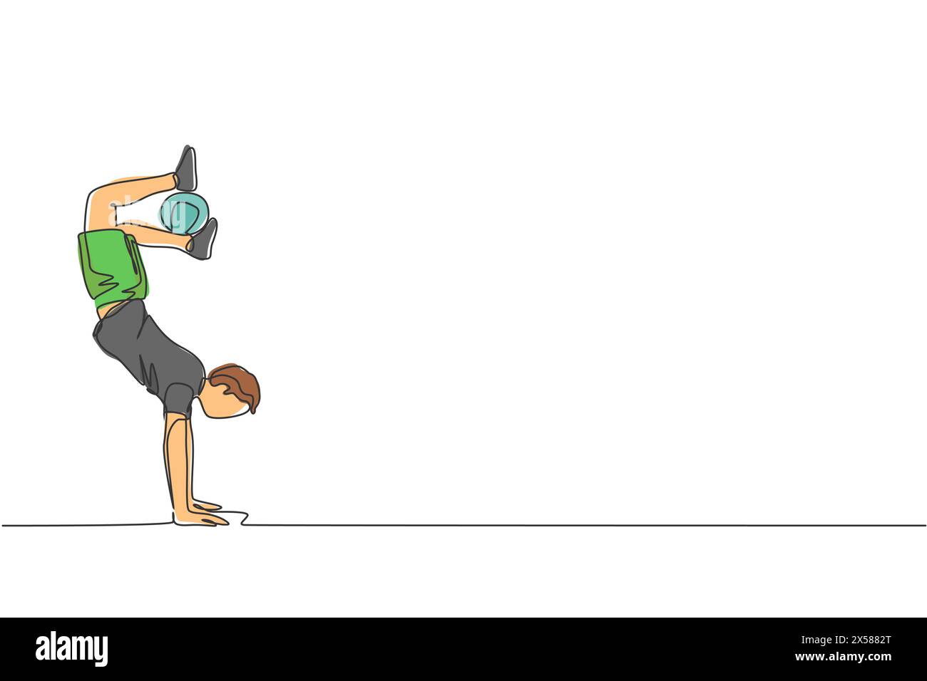 Eine durchgehende Linienzeichnung des Freestyler-Trainings für junge Männer hält den Ball mit Füßen, während er auf der Straße steht. Fußball Freestyle Sport Co Stock Vektor