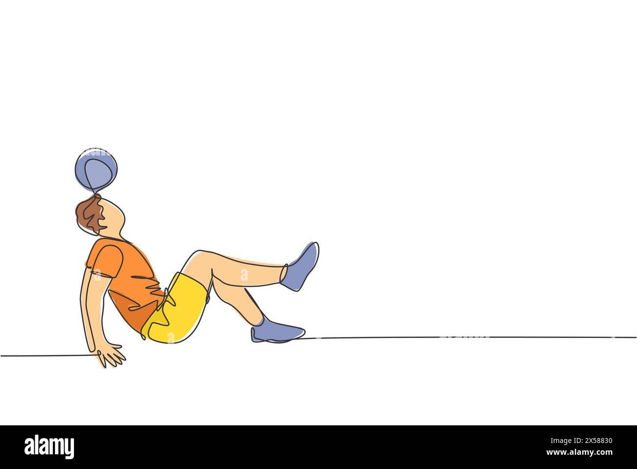 Eine einzelne Linienzeichnung des jungen glücklichen Mannes führt Fußball-Freestyle durch, jongliert mit Kopf an der Stadtplatz-Vektor-Illustration. Football Freestyler sp Stock Vektor