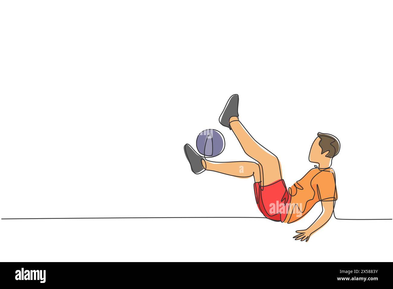 Eine einzelne Linie Zeichnung des jungen glücklichen Mannes führen Fußball Freestyle jonglieren mit Shinbone an der Stadt Platz Vektor Illustration. Football Freestyler Stock Vektor