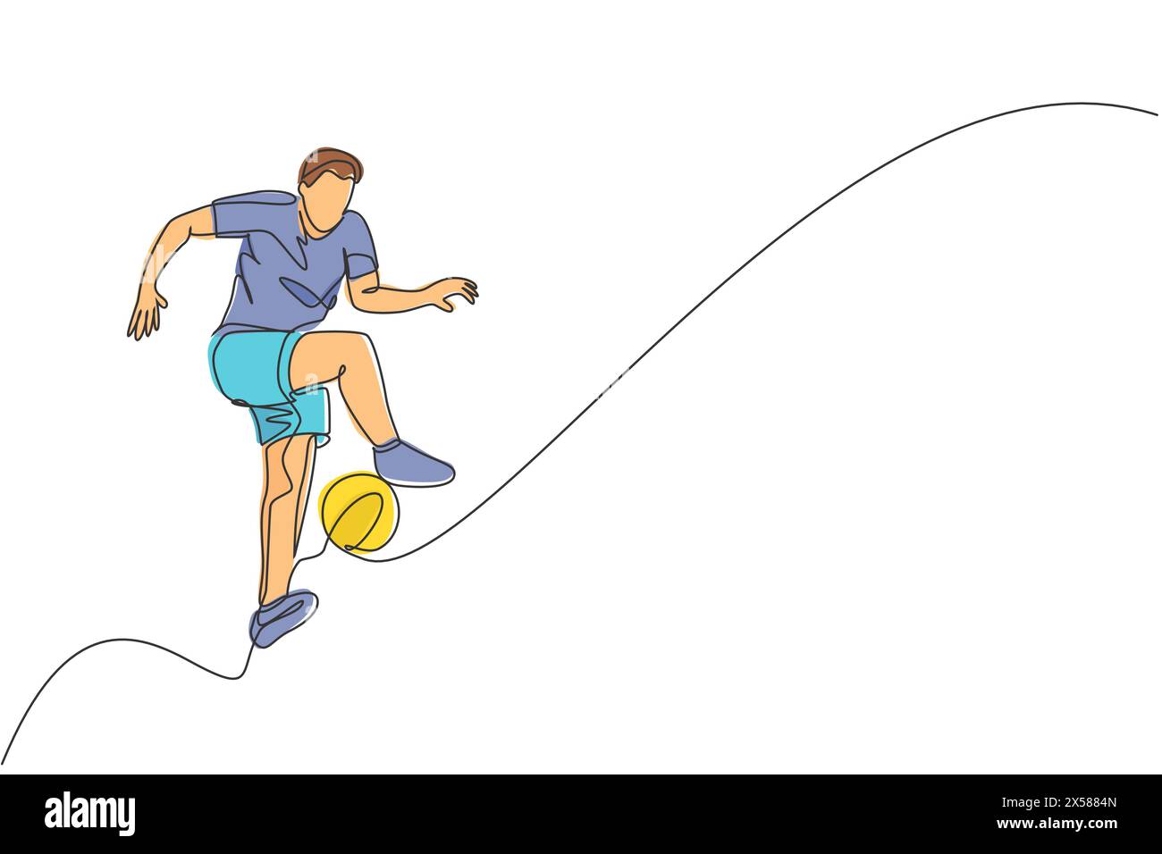 Eine einzelne Linie Zeichnung des jungen glücklichen Mannes führen Fußball Freestyle, Jump Jonglieren an der Stadt Quadrat Grafik Vektor Illustration. Football Freestyler Stock Vektor
