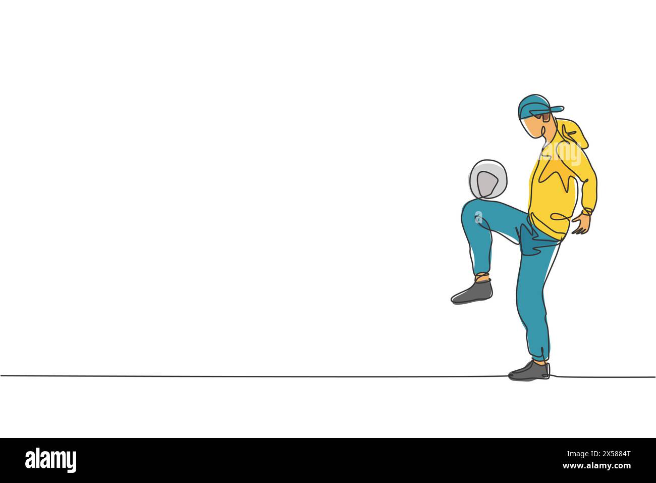 Einzelne durchgehende Linienzeichnung eines jungen Sportmannes, der Bandanzug-Fussballfreistil trägt und auf dem Feld jongliert. Fußball-Freestyler-Konzept. Trendig Stock Vektor