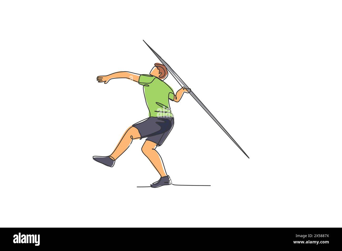 Eine einzelne Linie Zeichnung der jungen energetischen Mann Übung, die Speerwurf zum Zielbereich Grafik-Vektor-Illustration zielt. Gesunder Lebensstil sportlich sp Stock Vektor