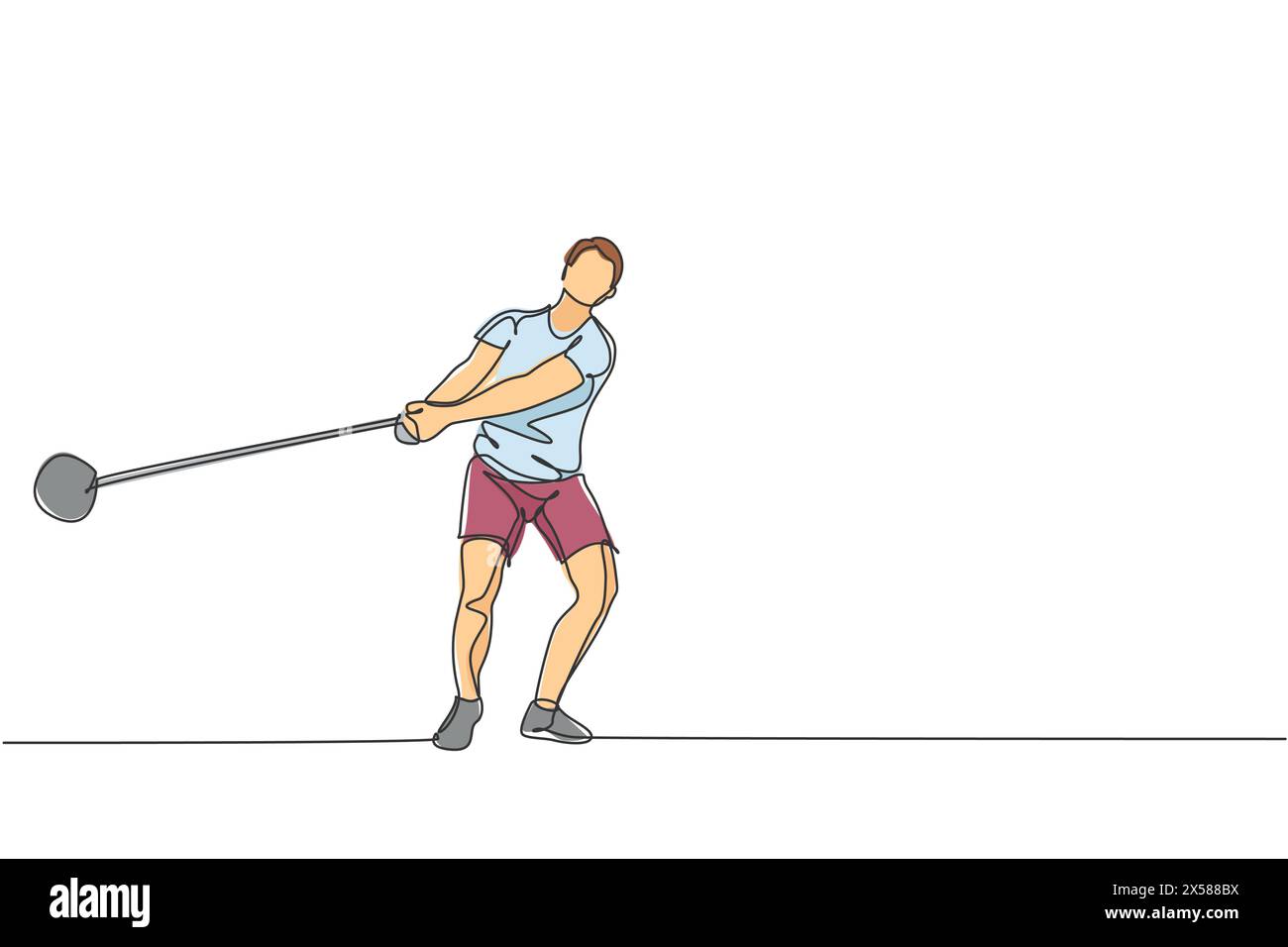 Einzelne durchgehende Linienzeichnung junger Sportmänner üben sich beim Hammerschwingen auf das Stadion zu konzentrieren. Sportkonzept für Sportspiele. Stock Vektor