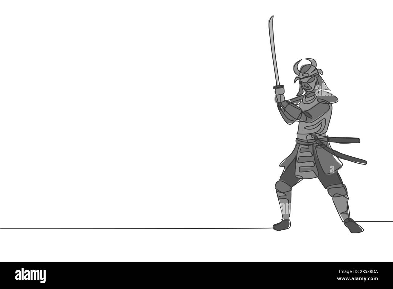 Eine durchgehende Linienzeichnung junger, mutiger Samurai-Shogun mit Maske, bereit für den Angriff beim Training. Kampfsportkonzept der Kampfkunst. Dyn Stock Vektor