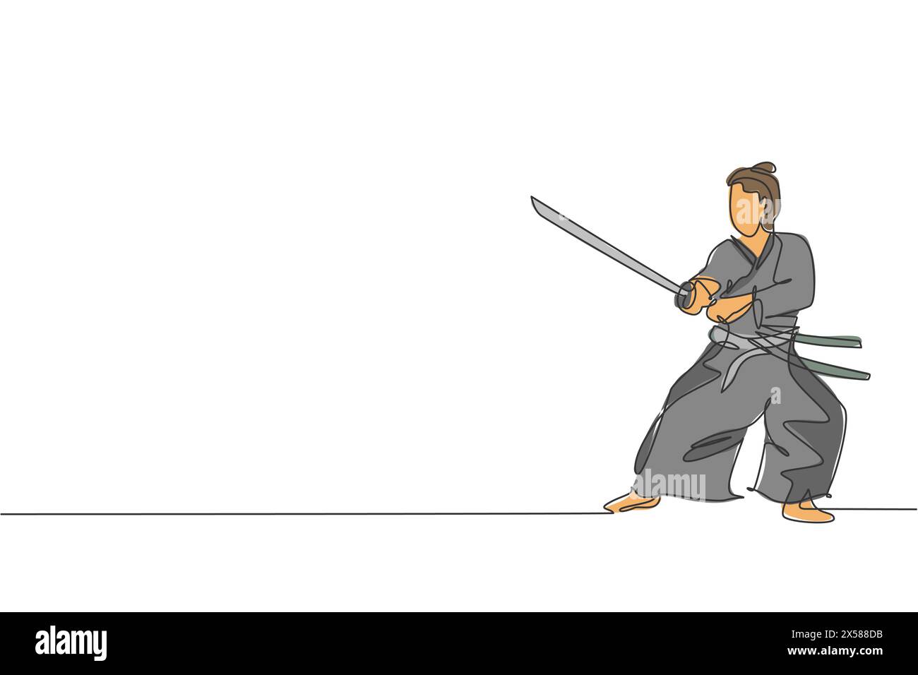 Einzelne durchgehende Linienzeichnung junger, starker Samurai-Krieger in traditioneller Uniform mit Schwert beim Festival. Das antike Soldatenkonzept. Stock Vektor