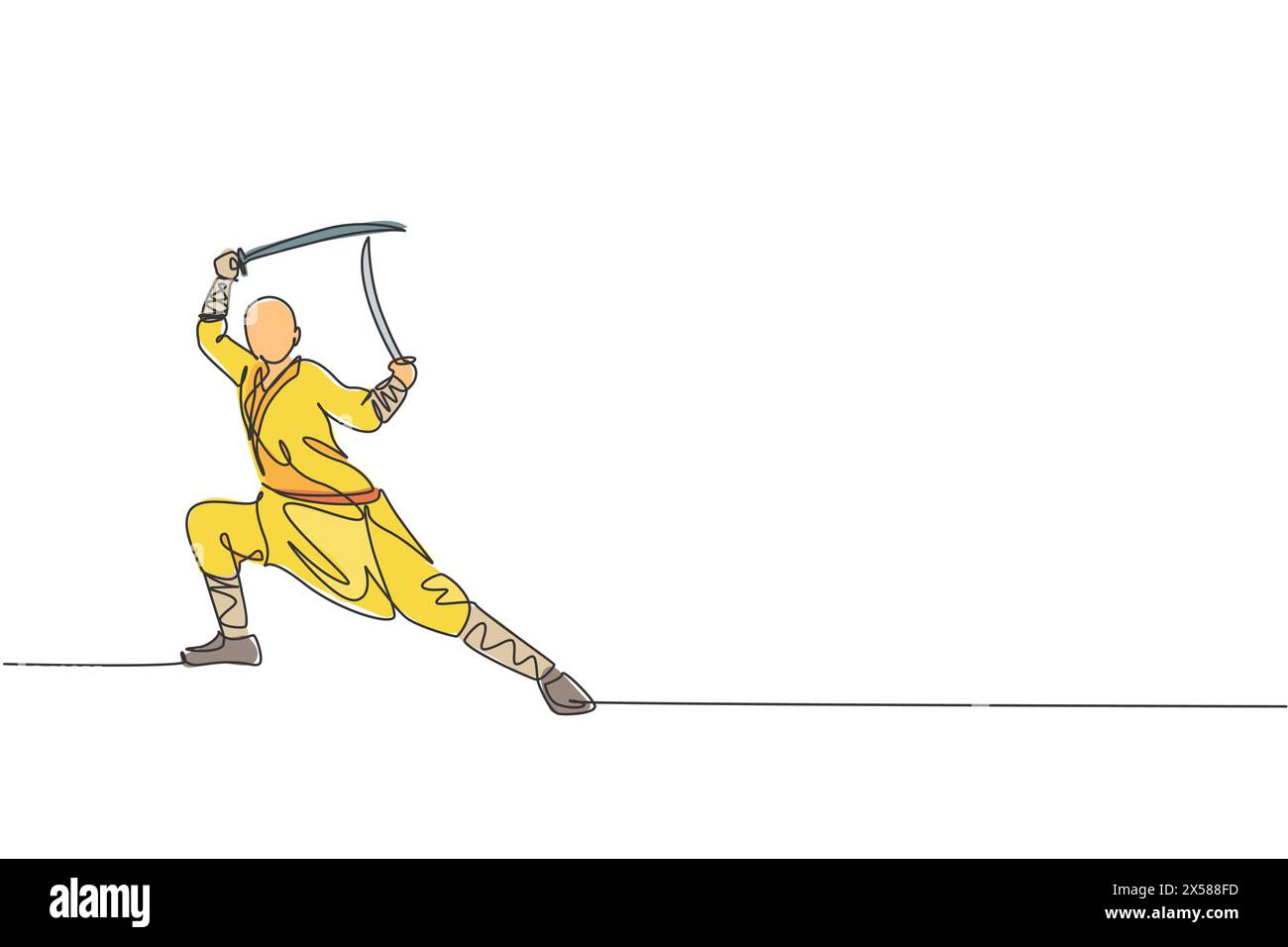 Eine durchgehende Linienzeichnung des jungen shaolin-Mönchs, der Kung-Fu mit Schwertern auf dem Tempelgelände praktiziert. Traditionelles chinesisches Kampfsportkonzept. Dyn Stock Vektor