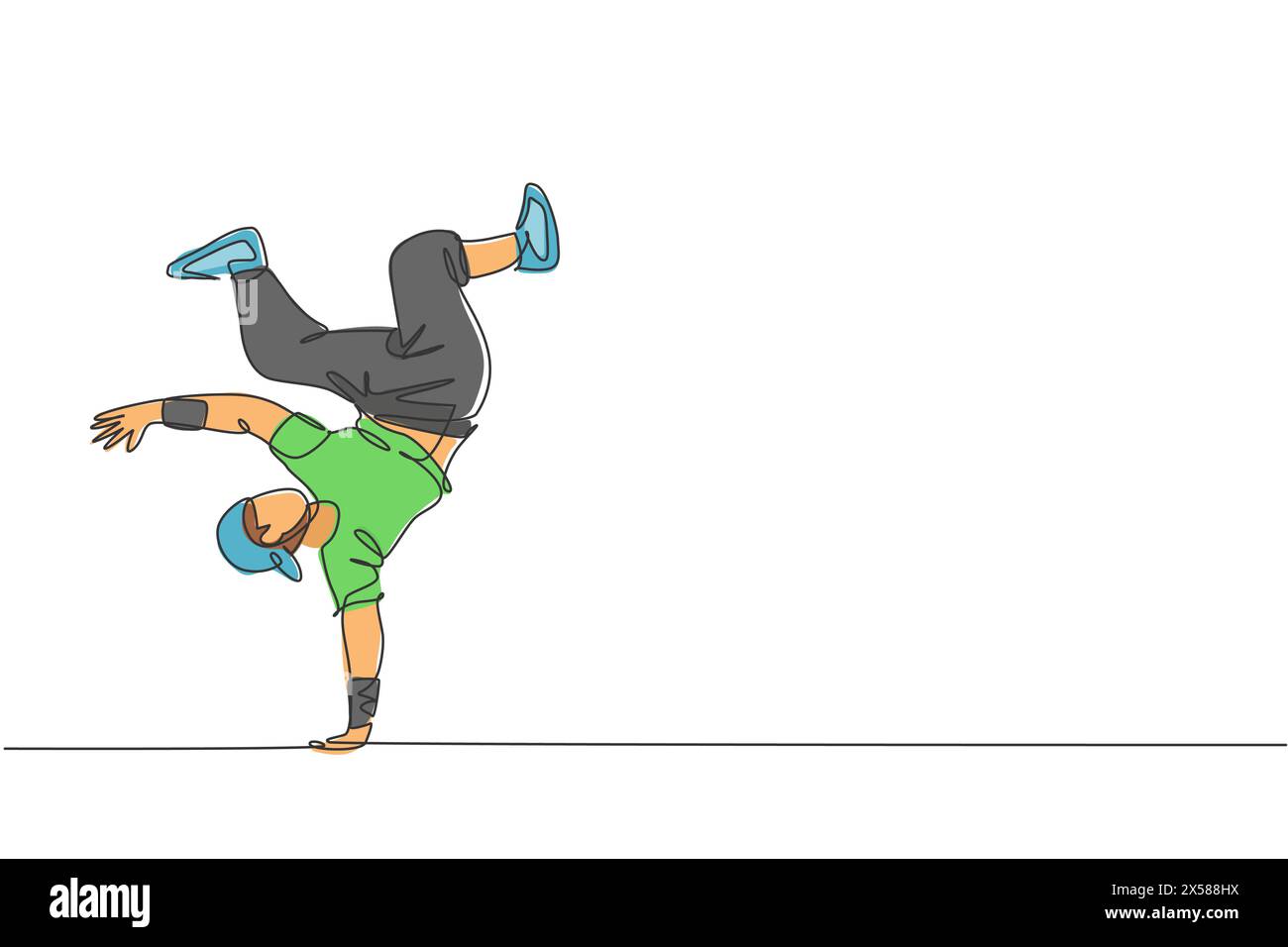 Eine durchgehende Linienzeichnung eines jungen, sportlichen Breakdancer-Mannes mit lässigem Hemd zeigt Hiphop-Tanzstil auf der Straße. Urbanes Lifestyle-Sportkonzept. D Stock Vektor