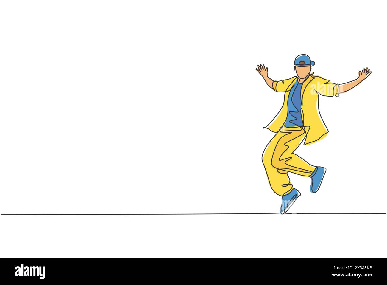 Eine durchgehende Linienzeichnung eines jungen, sportlichen Breakdancer-Mannes mit lässigem Hemd zeigt Hiphop-Tanzstil auf der Straße. Urbanes Lifestyle-Sportkonzept. D Stock Vektor