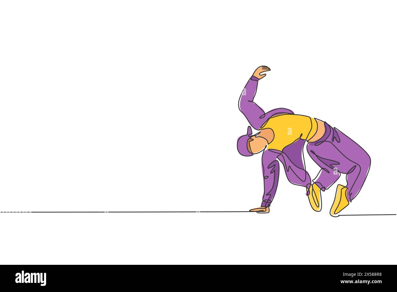 Einzelne durchgehende Linienzeichnung eines jungen energiegeladenen Hip-Hop-Tänzers Mann auf Trainingsanzug, der Break Dancing auf der Straße praktiziert. Lifestyle-Konzept der urbanen Generation Stock Vektor