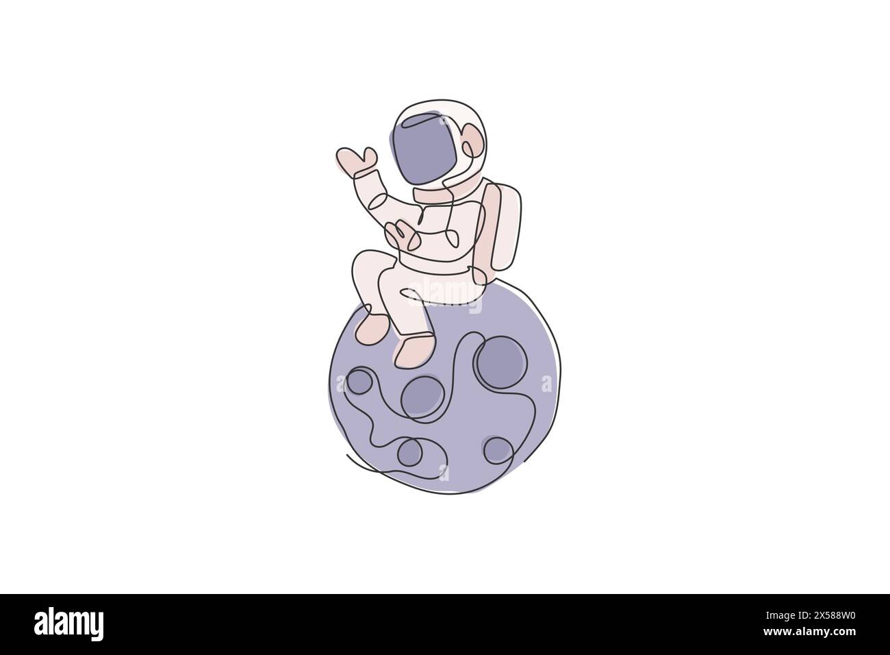 Eine durchgehende Linienzeichnung eines Kosmonauten, der den Weltraum erforscht. Astronaut sitzt auf Vollmond. Fantasy-kosmische Galaxie-Entdeckungskonzept. Dynamische Einzel Stock Vektor