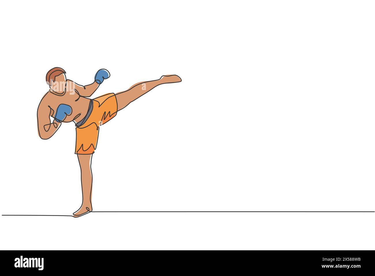 Eine durchgehende Linienzeichnung des jungen Sportmannes Kickboxer-Athleten, der kräftige Kickhaltung im Fitnessstudio trainiert. Kämpferisches Kickboxen-Sportkonzept. Dyn Stock Vektor