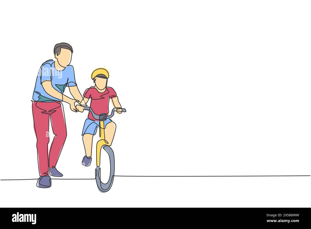 Einzelne durchgehende Linienzeichnung von jungen Kindern, die lernen, Fahrrad mit Vater im Park im Freien fahren. Elternschaftsunterricht. Familienzeitkonzept. Trendig Stock Vektor