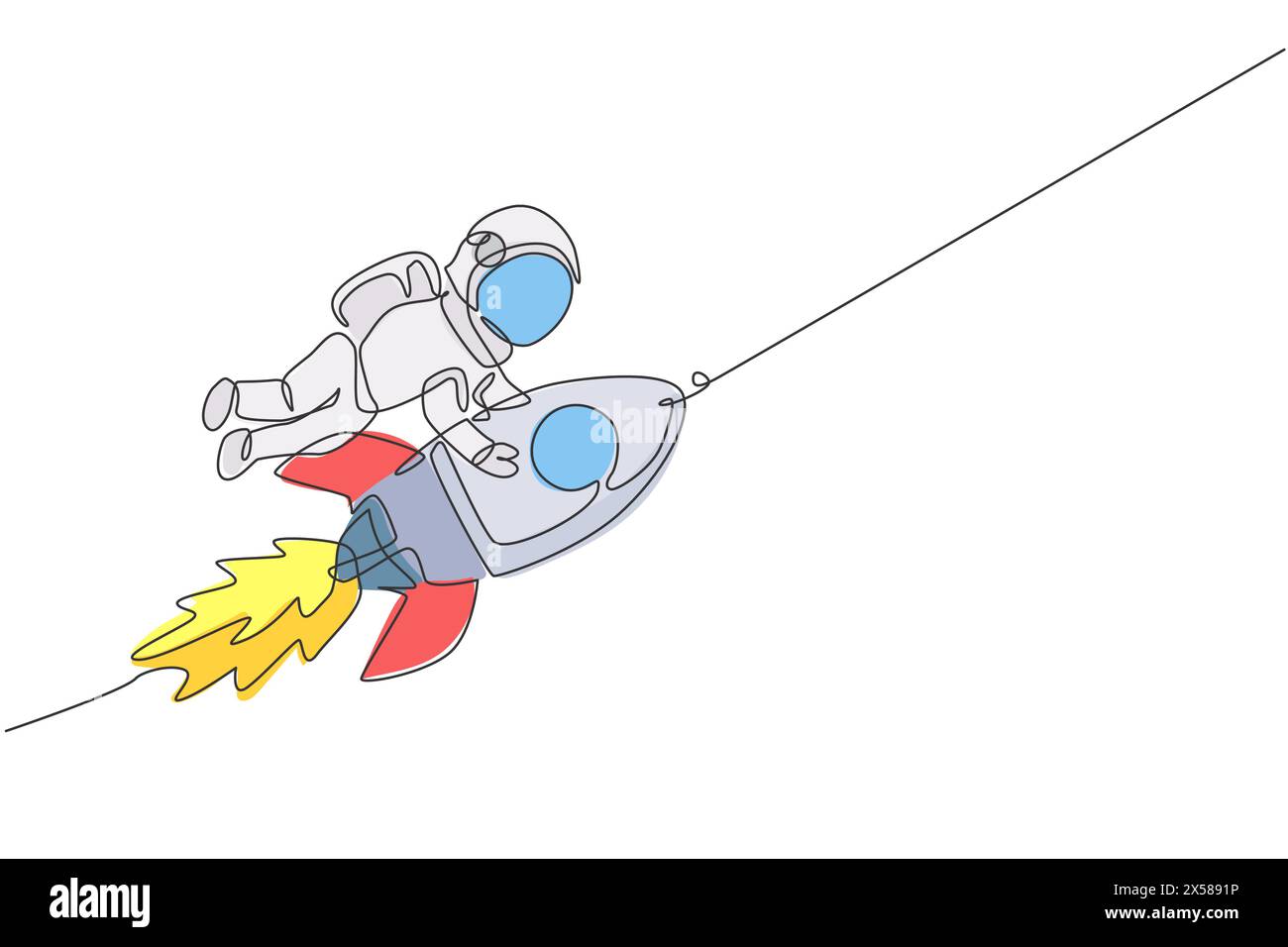 Eine durchgehende Linie, die die Astronautenwissenschaft des Weltraums zeigt, die Galaktik des Kosmos entdeckt, während sie die Rakete hält. Kosmonaut am Weltraumkonzept. Dynamische Sünde Stock Vektor