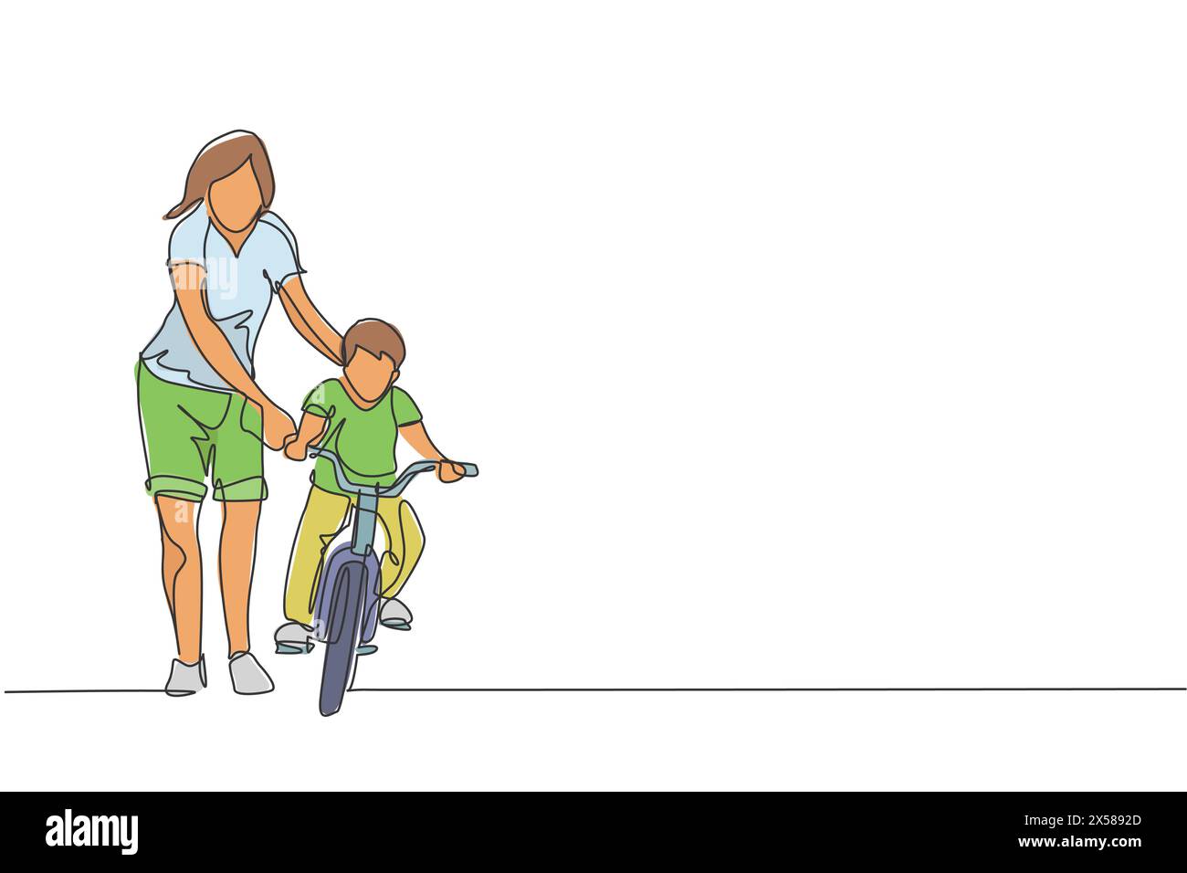 Einzelne durchgehende Linienzeichnung von jungen Kindern, die lernen, Fahrrad mit Mutter im Park im Freien fahren. Elternschaftsunterricht. Familienzeitkonzept. Trendig Stock Vektor