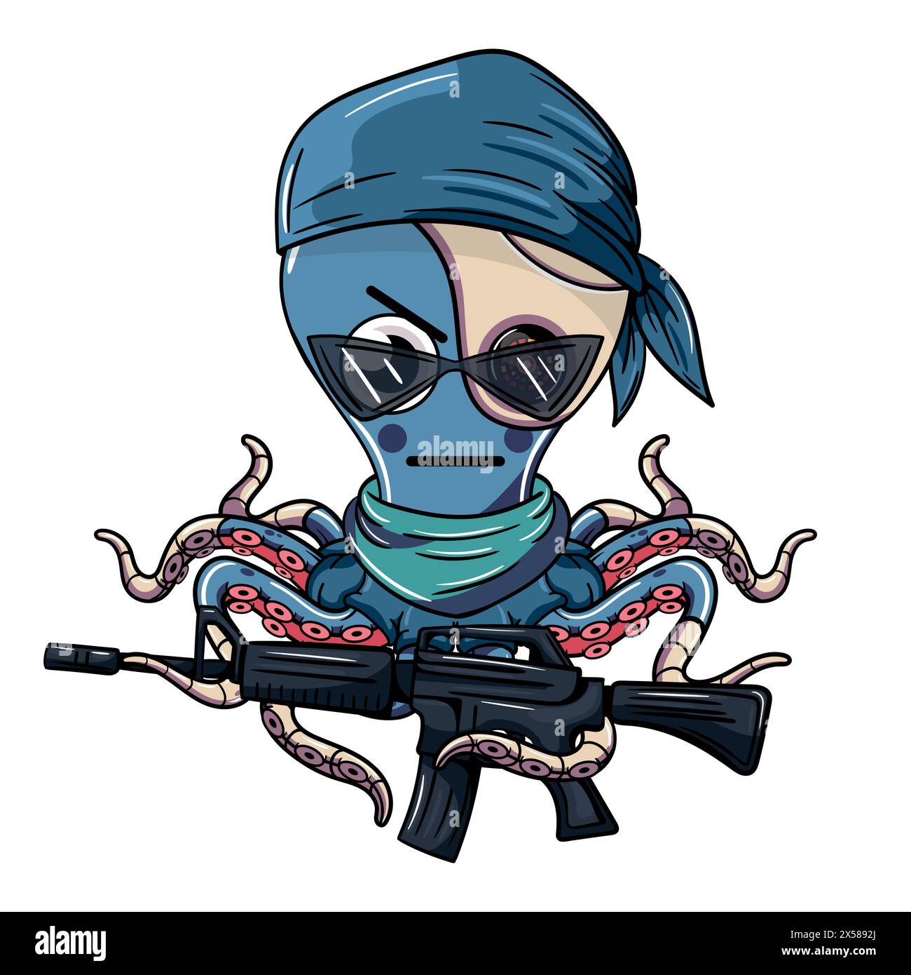 Cartoon Militärsoldat Cyborg Krake Charakter mit moderner Maschinenpistole. Illustration für Fantasy, Science Fiction und Adventure Comics Stock Vektor