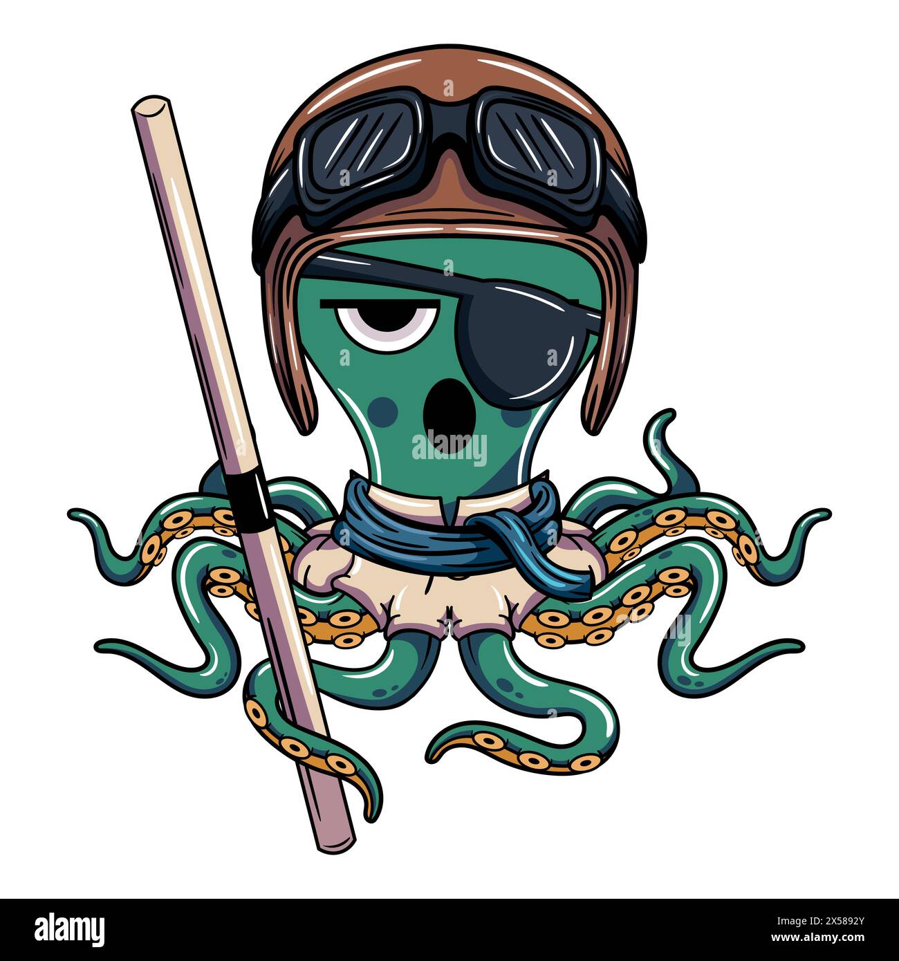 Karikaturfigur des Flugpiloten Cyborg-Oktopus mit Fliegerhelm mit Kung-Fu-Stick. Illustration für Fantasy, Science Fiction und Adventure com Stock Vektor