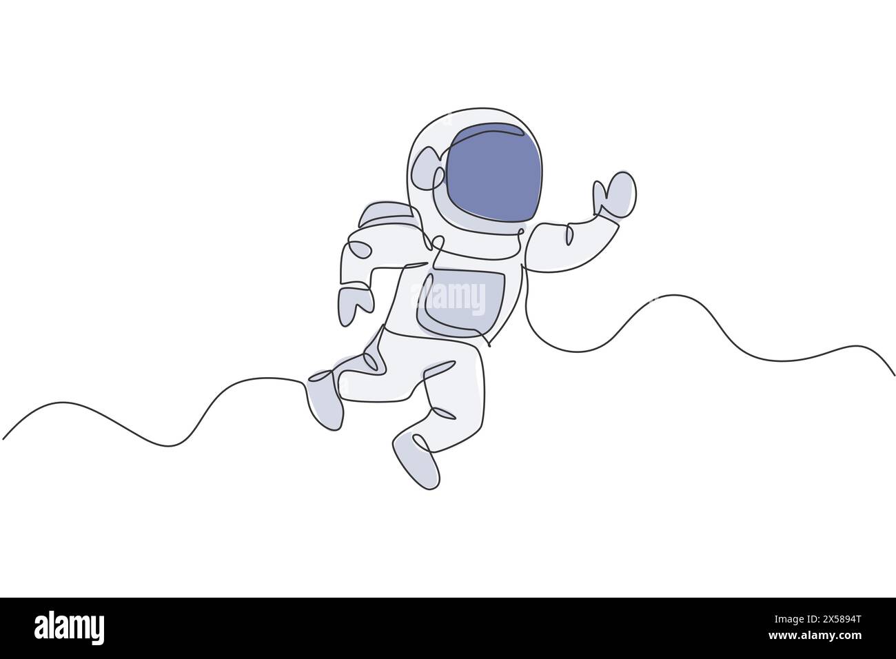 Eine durchgehende Linienzeichnung eines jungen Astronautenforschers, der den Weltraum im Retro-Stil erforscht. Raumfahrt-Kosmos-Entdeckungskonzept. Dynamische Einzellinie Stock Vektor