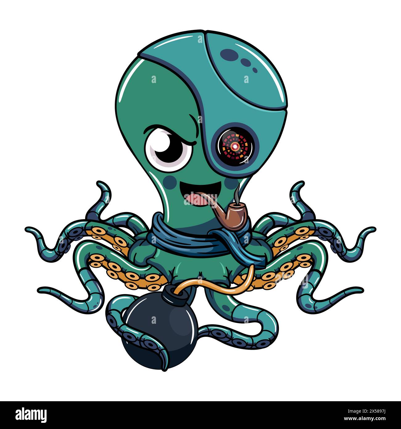 Der böse Octopus Cyborg-Charakter raucht eine Pfeife mit einer Bombe in seinem Tentakel. Illustration für Fantasy, Science Fiction und Adventure Comics Stock Vektor