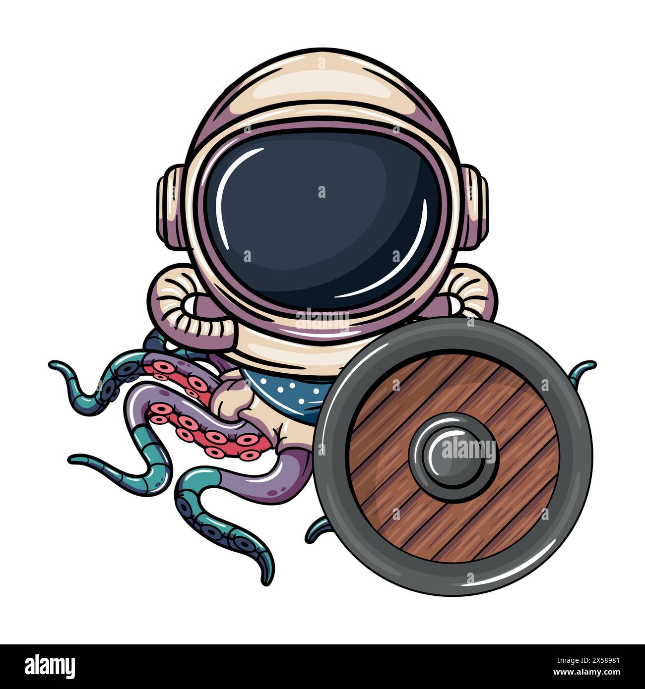 Cartoon-Oktopus-Cyborg-Astronautenfigur mit Schutzschild. Illustration für Fantasy, Science Fiction und Adventure Comics Stock Vektor