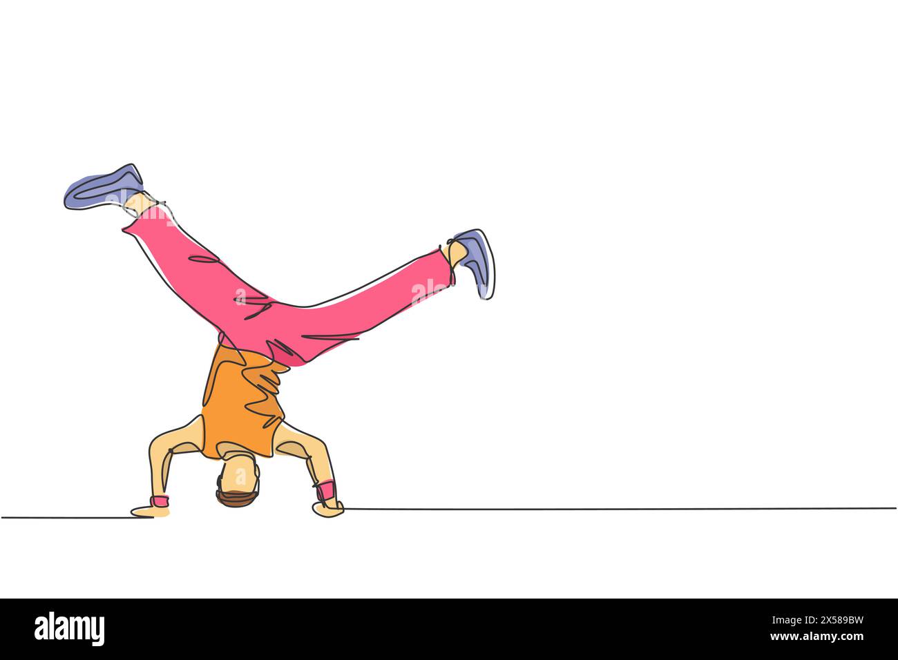 Einzelne durchgehende Linienzeichnung eines jungen, energiegeladenen Hip-Hop-Tänzers, der auf der Straße den Kopf-Stand-Break-Tanz übt. Lifestyle-Konzept der urbanen Generation. Stock Vektor