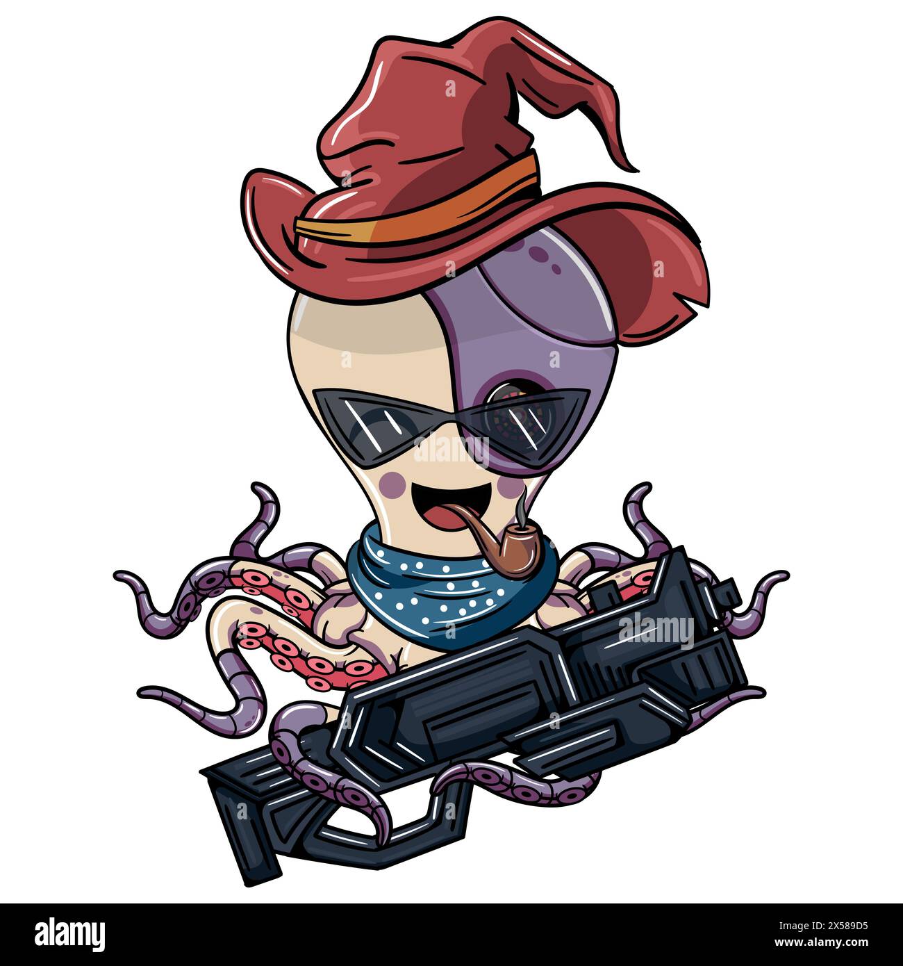 Octopus Comic Cyborg mit rotem Hexenhut, raucht eine Pfeife mit Brille und einer futuristischen Waffe in seinem robotischen Tentakel. Illustration für Fanta Stock Vektor