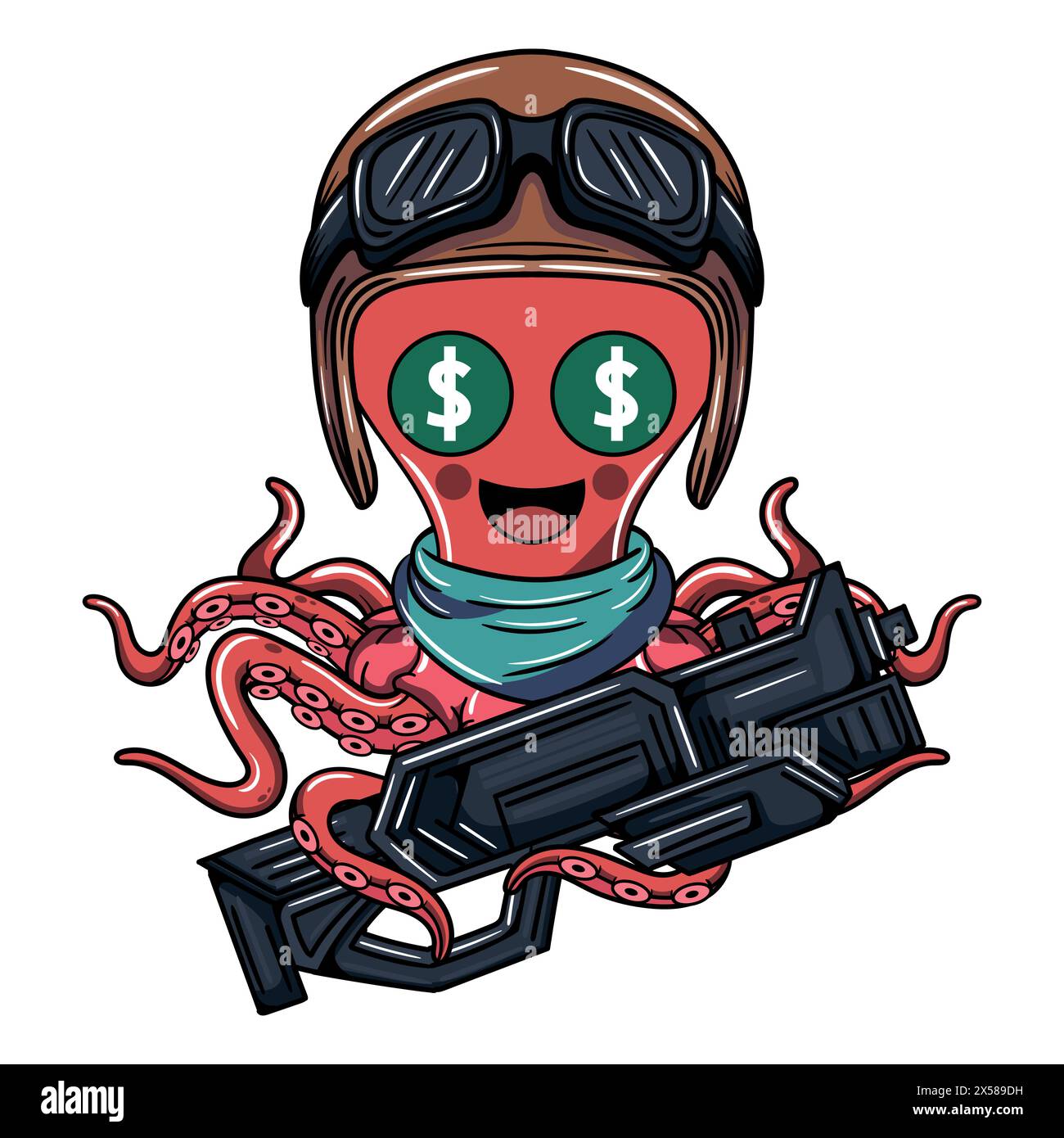 Cartoon-Söldner-Piloten-Krake mit Fliegerhelm. Illustration für Fantasy, Science Fiction und Adventure Comics Stock Vektor